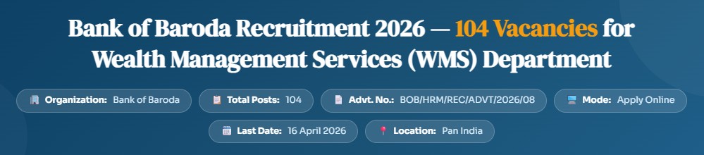 Bank of Baroda Recruitment 2026 — 104 Vacancies for Wealth Management Services (WMS)